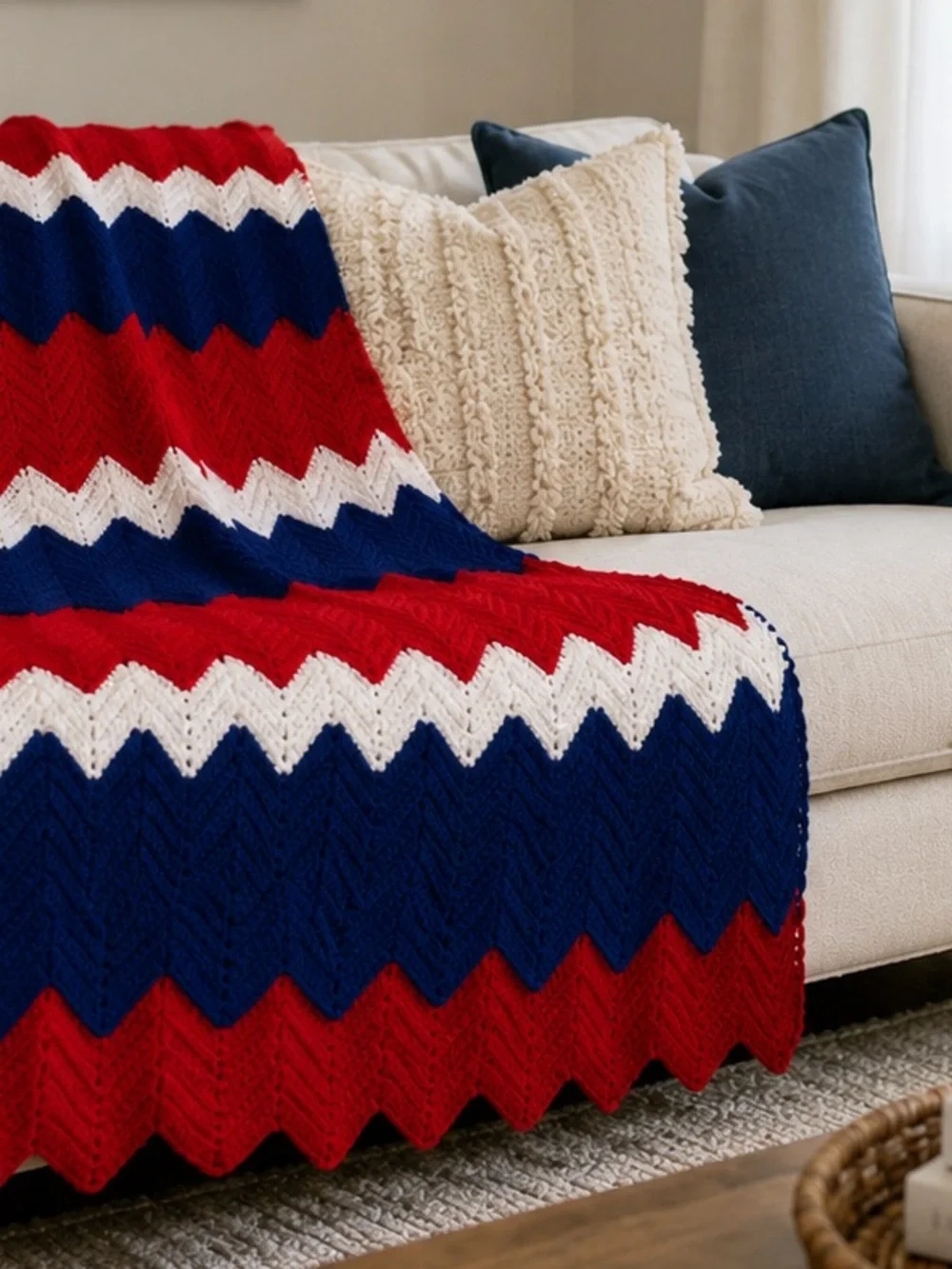 PATRIOTIC CROCHET ZIG ZAG RED WHITE BLUE BLANKET AFGHAN HANDMADE THROW